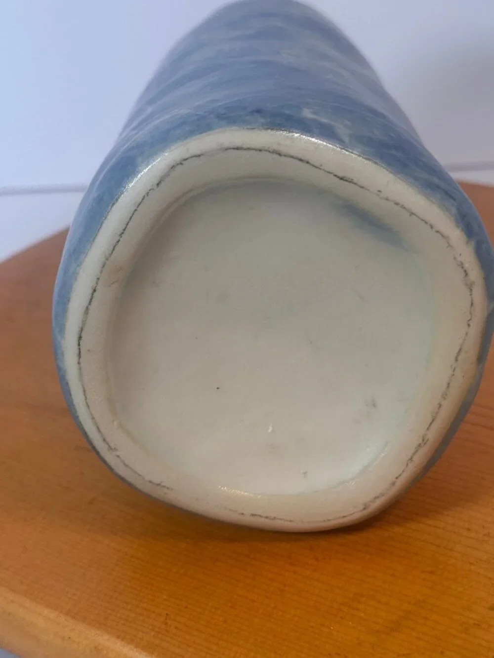 Bud vase or cylinder with blue and white soft cloud like marbled pattern